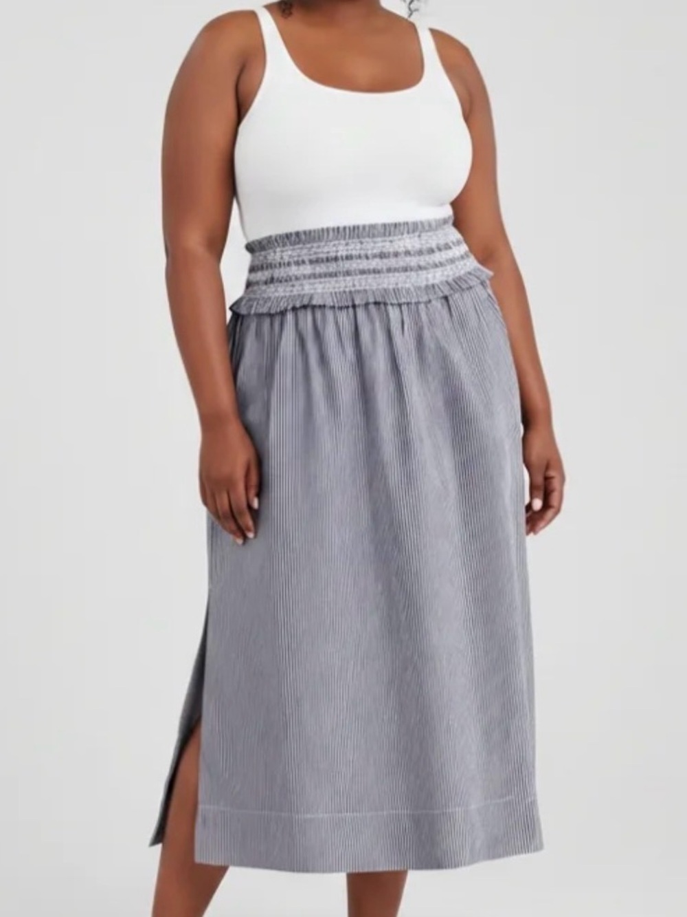 Women's Striped Smocked Midi Skirt – Deep Navy & White